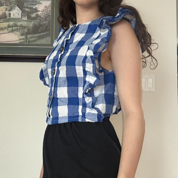 anthropologie whit two cascade blue and white gingham button up top - Picture 3 of 6